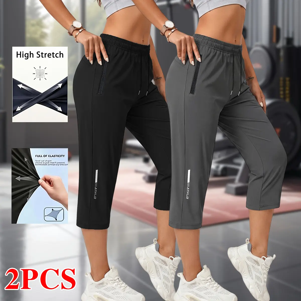 Women's 2-Pack Quick-Dry Casual Shorts - Adjustable Drawstring, Elastic Waistband, Zippered Pockets, Stretch Fit, Stylish Letter Pattern - Pocketed Shorts for Summer Outdoor Running, Hiking - Womenswear Bottoms, Adjustable Drawstring Shorts
