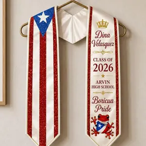 Custom Stole- Puerto Rico Flag Graduation Stole Personalized, Boricua Class of 2026 Sash, Flor de Maga Floral Stole, Custom Grad Gift