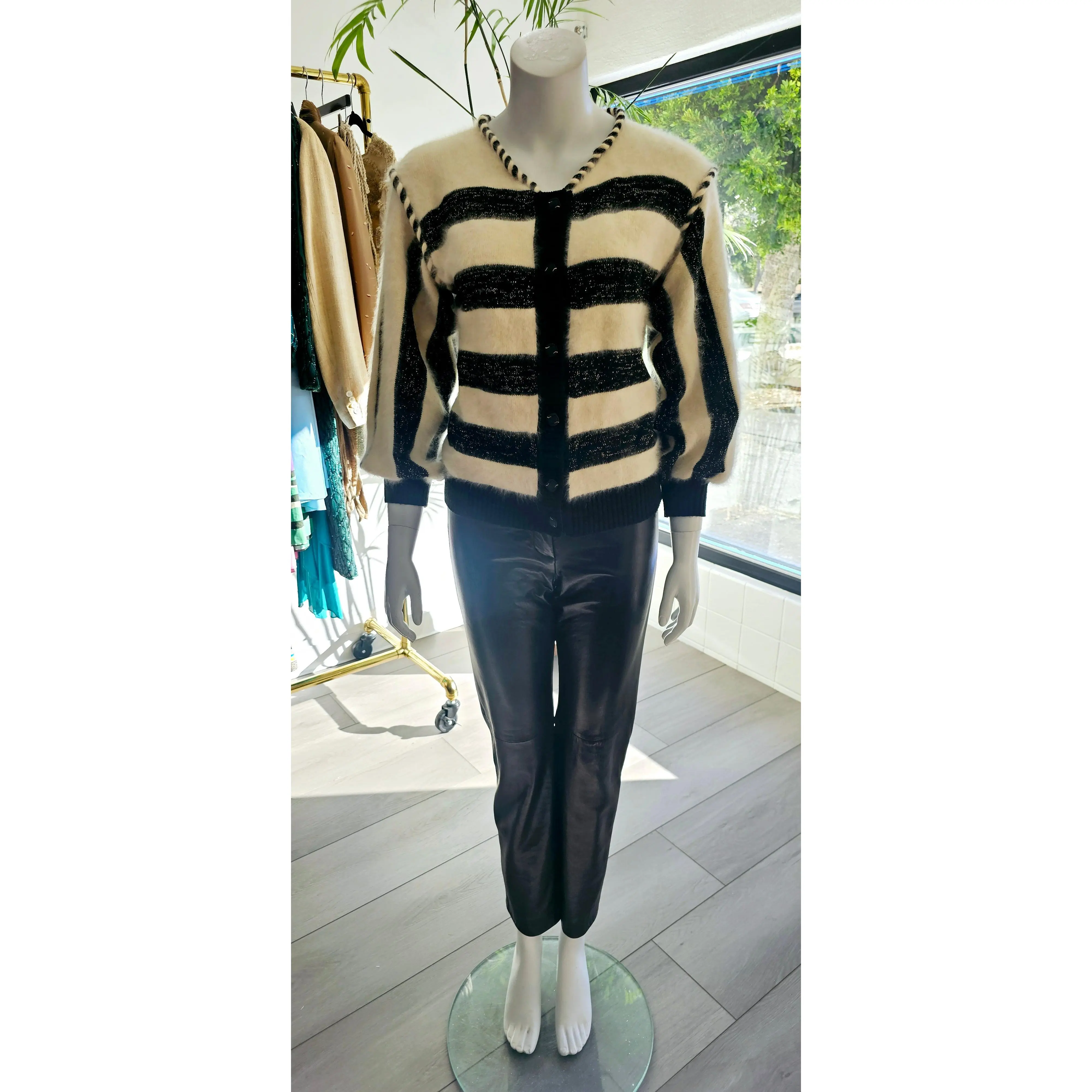 Vintage 80s Angora Metallic Twist Rope Stripe Cardigan Sweater