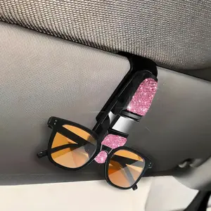 2 Pack Glasses Holders for Car Sun Visor, Bling Crystal Rhinestones Sunglasses Mount with Ticket Card Clip, Clip 360 Degree Rotational Sunglass Holder for Car, Universal for All Cars (Pink)