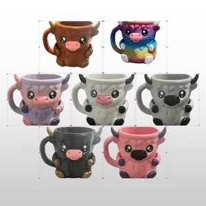 Highland Cow Ice Cream Mug Pint Holder with Handle Cute Cartoon Design Reusable for Ice Cream Lovers Washable Ceramic Brown Tumbler Stylish Cup for Coffee