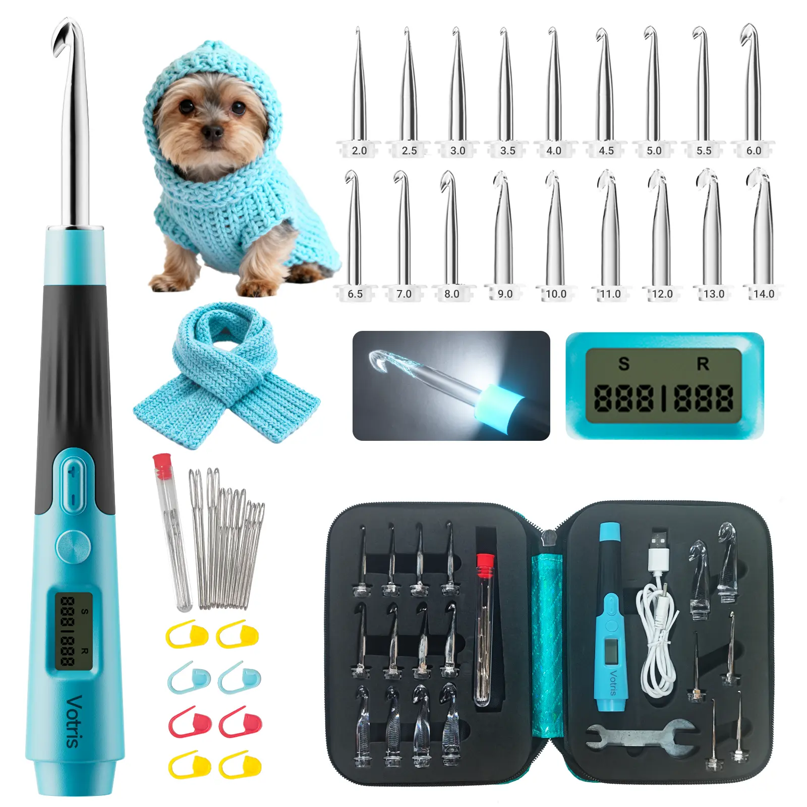 Votris Counting Crochet Hooks, 18 in 1 Light up Crochet Hook Set with Digital Stitch Counter 2.0mm-14.0mm, Rechargeable & Interchangeable Heads Lighted Crochet Hook Set, Ergonomic Handles for Beginner