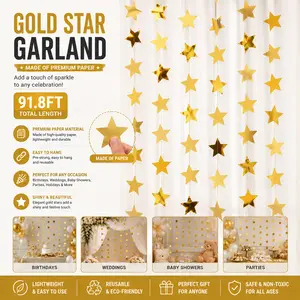 91.8ft Full-Length Star-Shape Sparkling Garland, Gold Party Decoration & Ornaments for Graduation, Weddings, Room Decorations