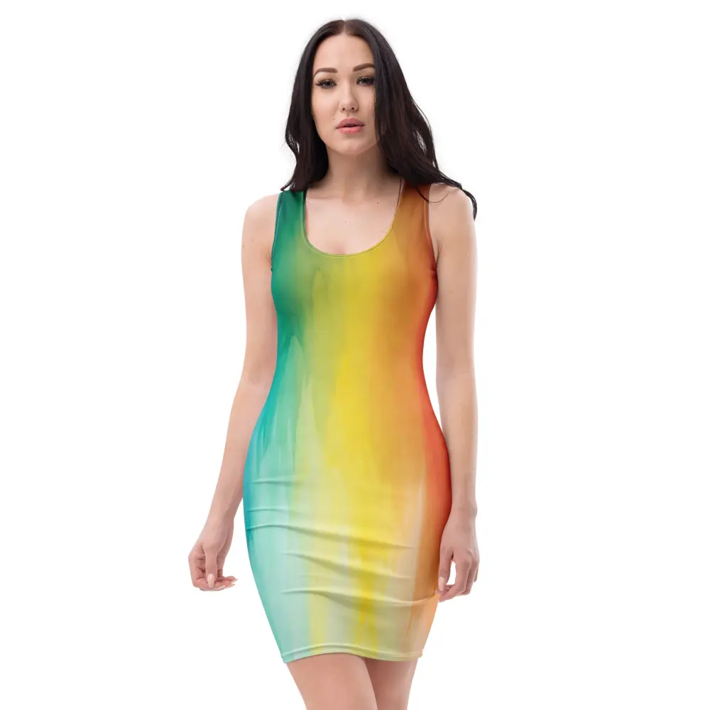 Watercolor Ombre Bodycon Dress, Green Yellow Orange Wash Fitted Sleeveless Dress, Sunset Gradient Racerback Dress, Trendy Bold Statement Dress, Chic Party Dress, Night Out Outfit, Gift for Her