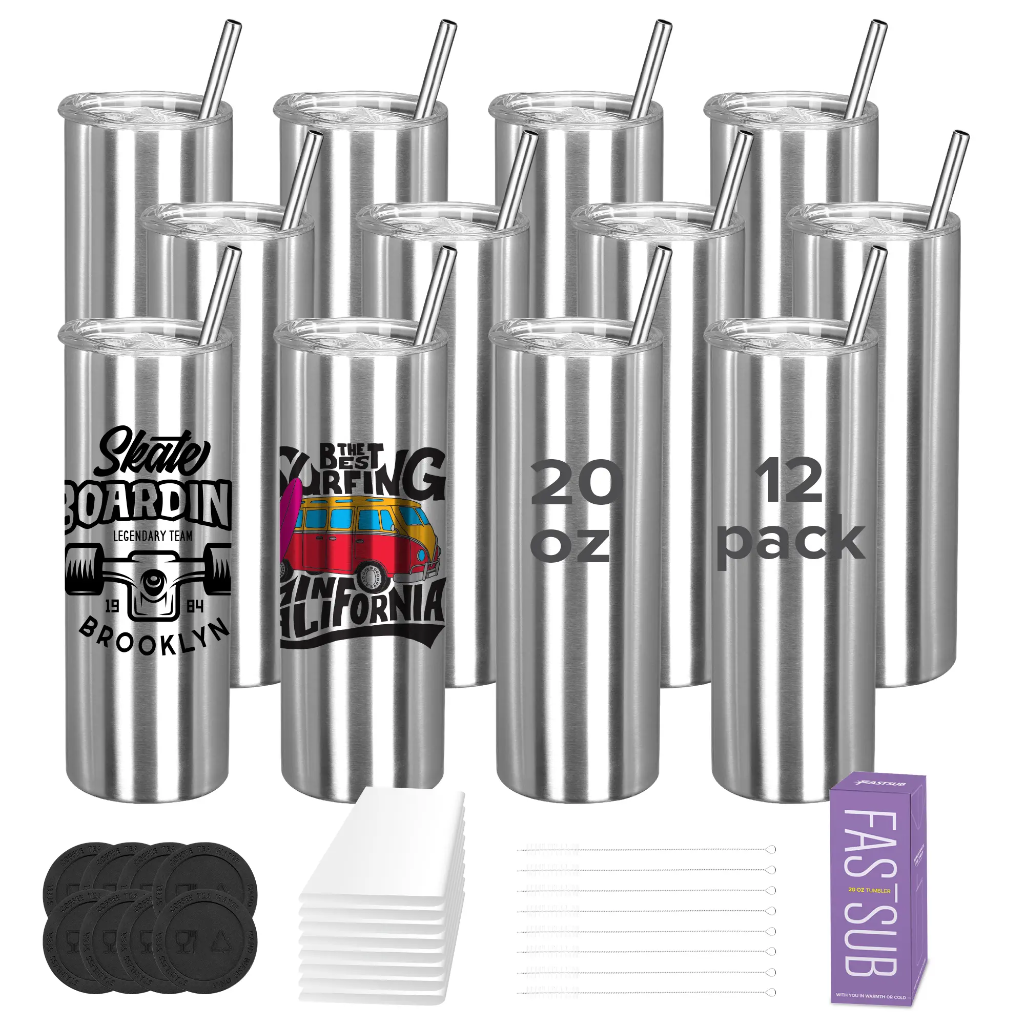 FASTSUB 20 oz Sublimation Skinny Tumblers (12 Pack) - Vacuum Insulated Stainless Steel Silver Beverage Flasks, Double-Walled Insulated Drinkware for Tumbler Press, Oven Printing