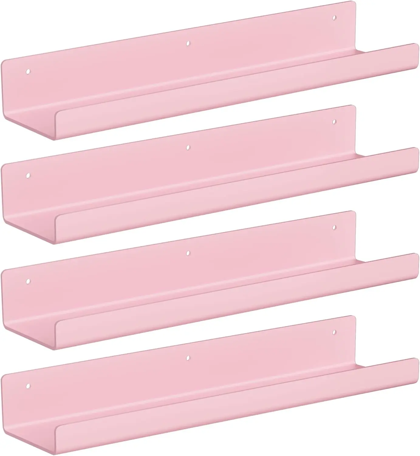 4 Pack 15 Inch Pink Acrylic Floating Shelves, Multi-Purpose Wall Display Ledge, Storage Organizer for Kids Books, Toys, Nail Polish, Sunglasses, Pictures