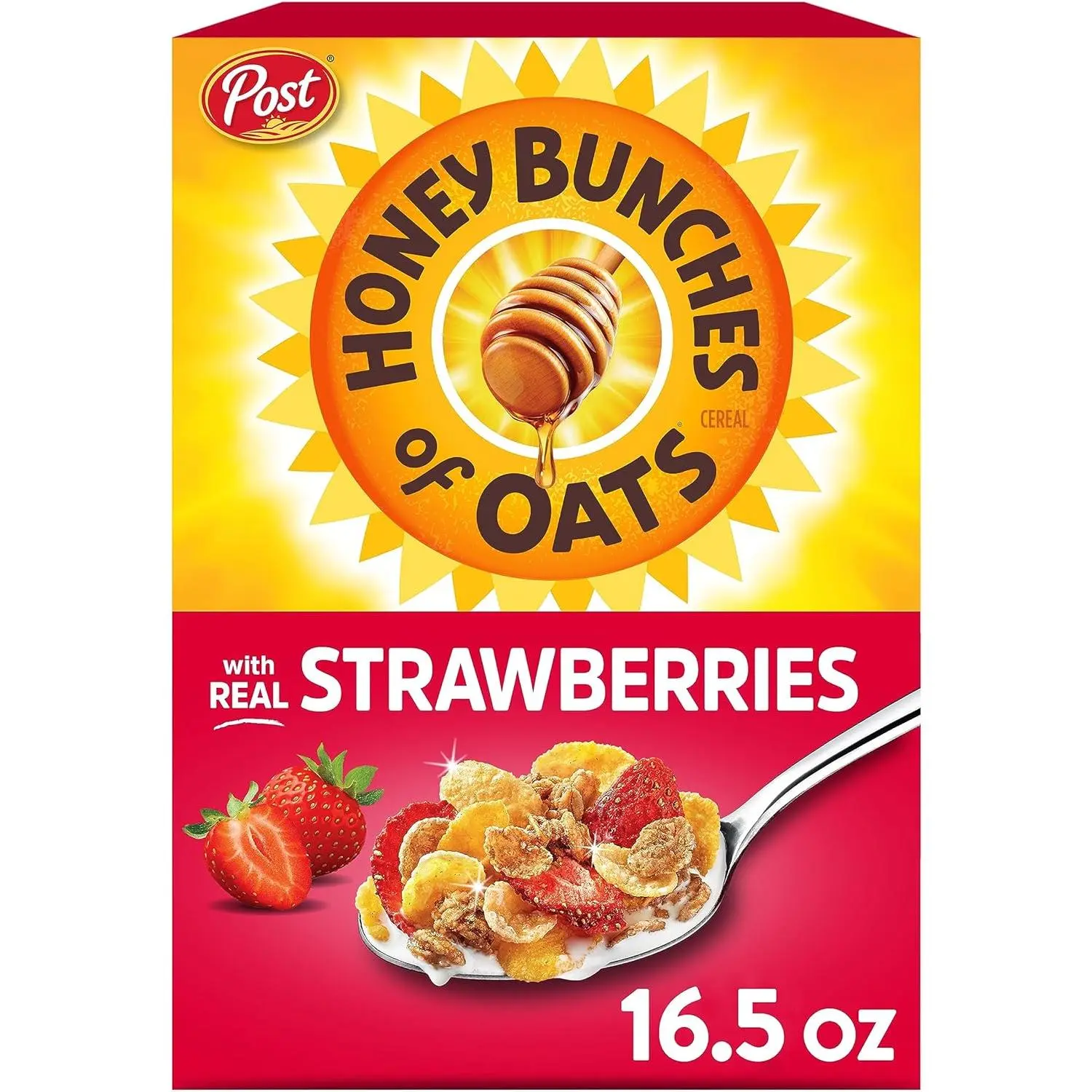 Honey Bunches of Oats with Real Strawberries Breakfast Cereal, Strawberry Cereal with Oats and Granola Clusters, Low Fat with Whole Grains, 16.5 oz Box