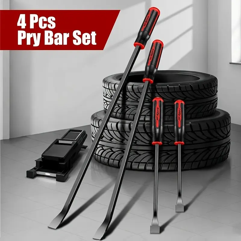 4-Piece Heavy-Duty Pry Bar Set with Thick Protective Caps, Flat Tip, Nail Puller/Crowbar - Mechanic Tools for Workshop, Automotive Trim Removal Hand Tools