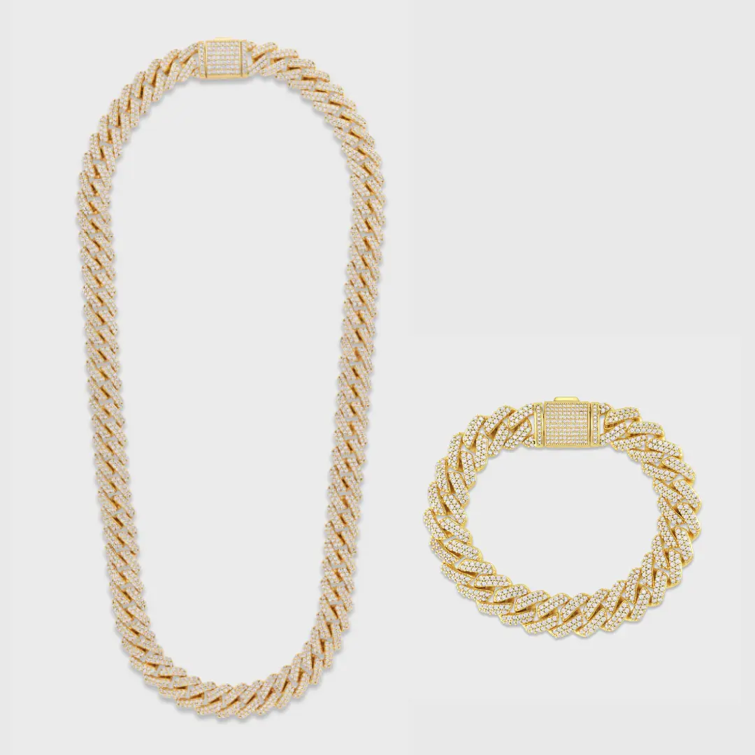Iced Prong Cuban Chain + Bracelet 14K Gold Plated - 12mm, Cz Diamonds, Statement Piece, Cuban Link Design