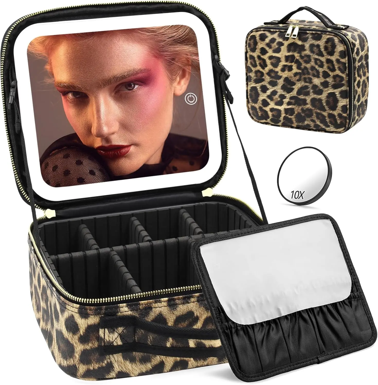 Portable Makeup Bag with LED Lighted Mirror, Travel Cosmetic Organizer Case with 3 Color Lights, USB Rechargeable Makeup Train Case with Adjustable Dividers, Waterproof PU Leather Storage Bag for Makeup Brushes & Beauty Essentials
