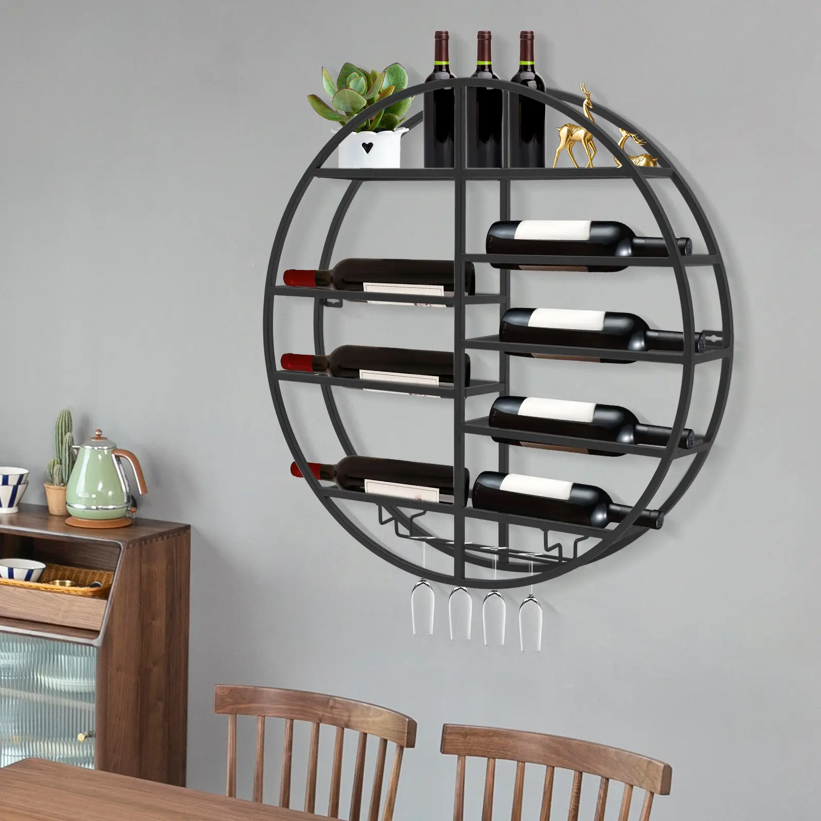 Sturdy Modern Wall-Mounted Solid Metal Rust-Resistant Wine Rack - 7 Horizontal Tiers, Glass Hanging Rail, Fits 4.33in Base Diameter Beverages, for Home Bar, Office, Restaurant