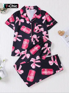 Women's Coca-Cola Print Pajama Set, Short Sleeve Button Front Shirt & Elastic Pants, Casual Home Wear for All Seasons