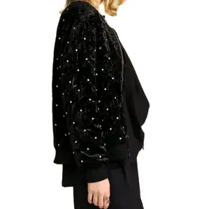 Quilted Velvet with RhineStone Exposed Zipper- Bomber Jacket