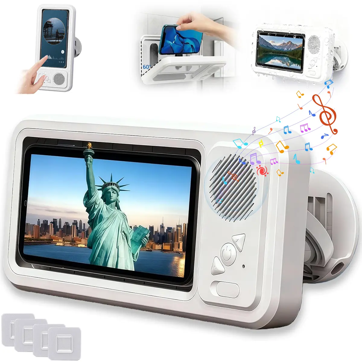 Bathroom Shower Waterproof Smartphone Holder with Bluetooth Speaker, 360° Rotating Touch Screen Case, Cell Phone Stands for Devices with Lightning Accessories (Movie Watching, Music Listening)