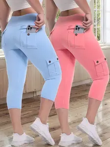 2pcs High Waist Yoga Capri Pants Set, 4-Way Stretch Butt Lifting Tummy Control, 4 Button Pockets, Spandex Material, Solid Color, Three-Quarter Length, Sports Style for Workout Running, Spring/Summer Collection, JEGGE Brand, Workout Leggings | Highwaist Pa