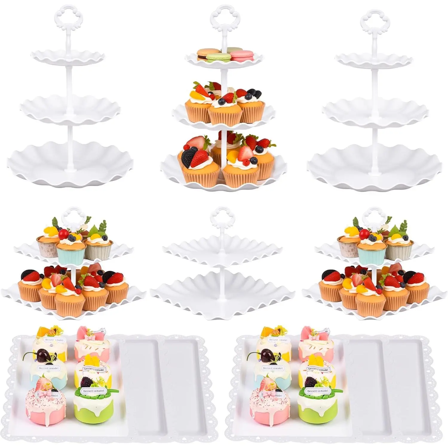 10-Pack Durable Plastic Dessert Stand Set, White Kitchenware Bakeware Decorating Tools, Easy to Clean & Assemble Cupcake Display Stands for Weddings, Baby Shower to Display Cakes & Treats