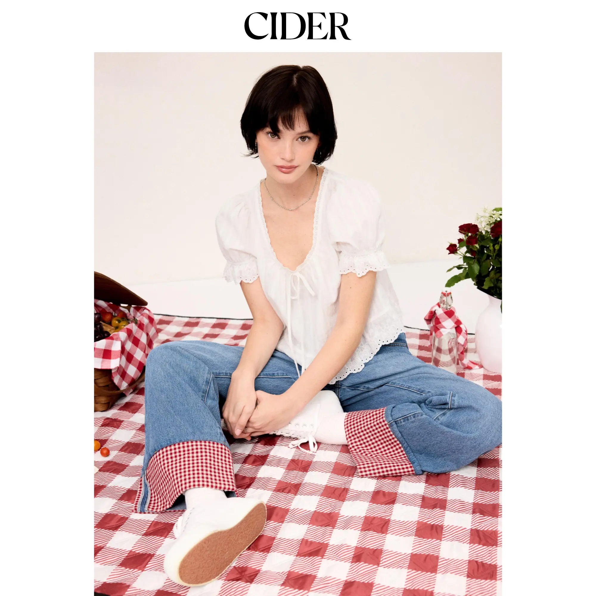 Cider Women's Romantic Cotton Shortsleeve Blouse with Lace Trim, Puff Sleeves, and Knotted Front, Women's Clothes