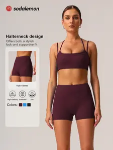 Sodalemon Women's Solid Crop Sports Bra & Shorts Sportswear Set, Casual Comfy Breathable Two-piece Outfits for Yoga Gym Workout Running, Ladies Spring & Fall Clothes