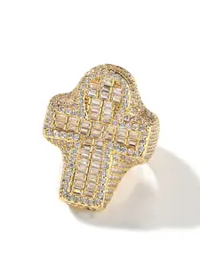 Iced Out Creative Cross Angel Ring, Copper Zircon Classic Vintage Micro Set Zircon, Unique Cross Men's Ring, Fashionable Men's Band, Chunky Statement Ring