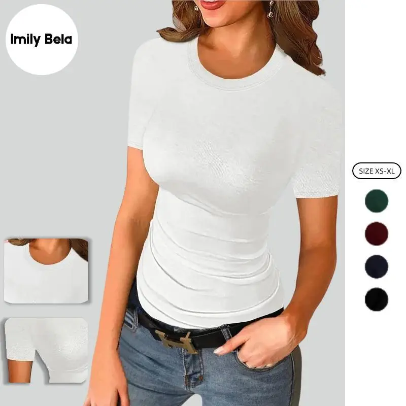 Women's Ribbed Texture Short-Sleeve T-Shirt - High Elasticity, Bodycon Cut, Solid Basic Slim-Fit Round Neck Top for Casual Everyday Wear, Shortsleeve, Tshirt, Stretch Fabric, Plain, Xl, Large, No