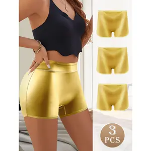 QUASTI 3 Pieces Women's Mid-Rise Rose Gold Boxer Seamless Briefs, Breathable Soft Luxury Hip Lifting Ladies Sport Shorts, Anti Roll Edge Fashionable Elegant Aesthetics Underwear, Suitable for Sports and Daily Wear, S-XXL