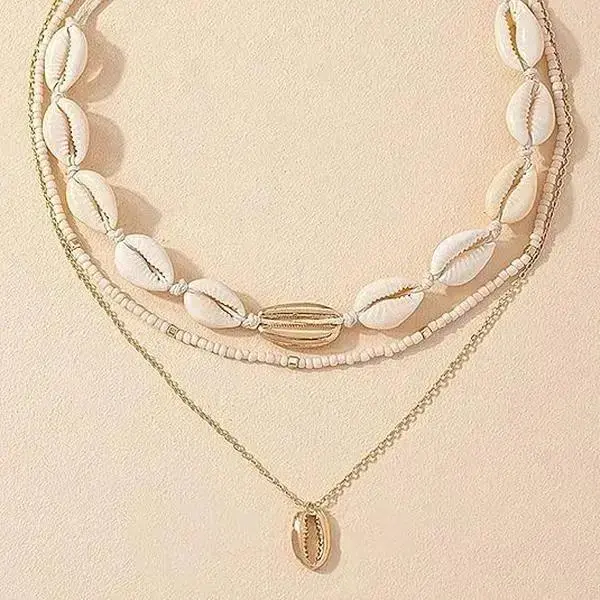 3 Layered Cowrie Shell Necklace, Boho Stackable Beaded Shell Choker, Beach Ocean Seashell Pendant Layer Necklace, Summer Surfer Jewelry for Women