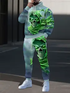 Trendy Gradient Skull Cartoon Full-Print Sports Set, Streetwear Tracksuit Set, Long Sleeve Hoodie + Casual Pants 2-Piece Set, All Seasons Fitted Style