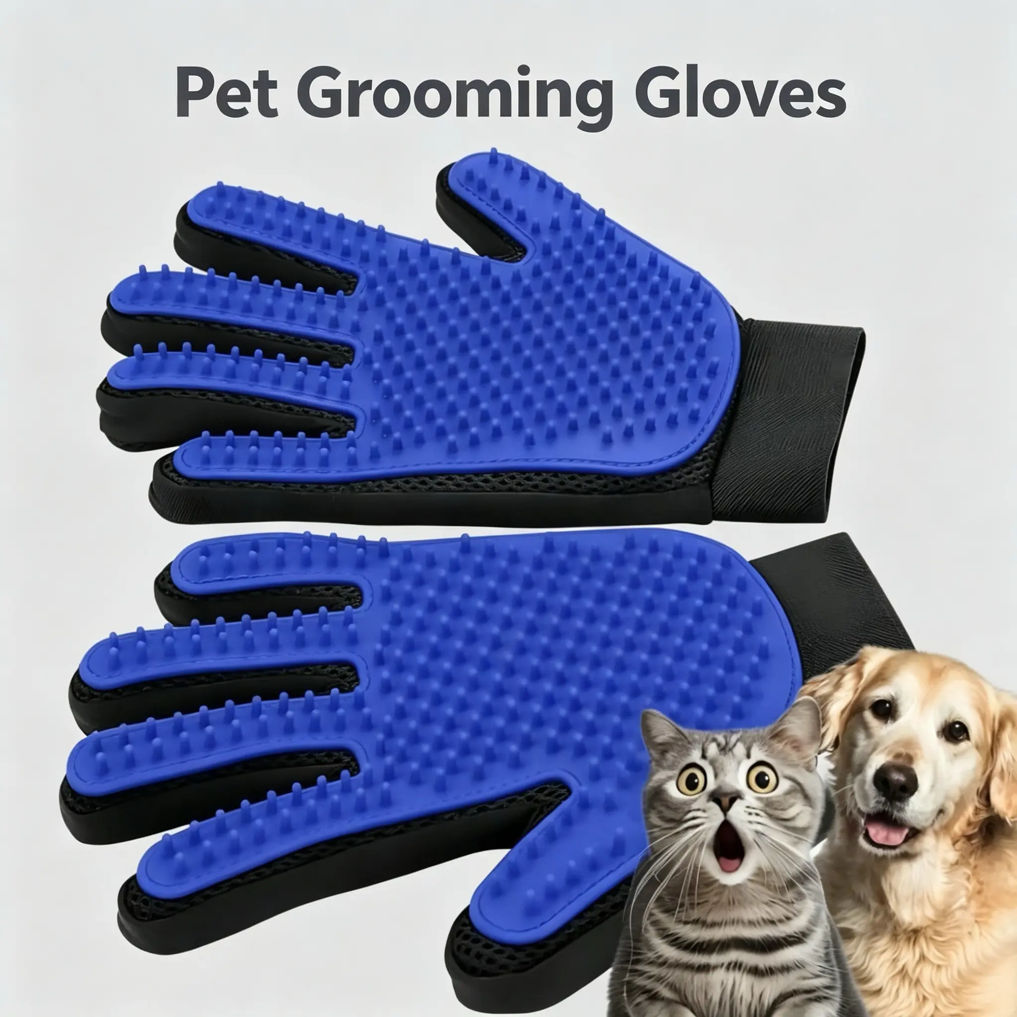 Pet Grooming Glove - 2-in-1 Fur Remover with Flexible Silicone, Ergonomic 5-Finger Fit, Gentle Scratch-Free Touch, Non-Slip 1-Size Deshedding Massage Tool for Dogs & Cats' Deep Thorough Grooming, Deshedding Tools, Deep Fur Removal