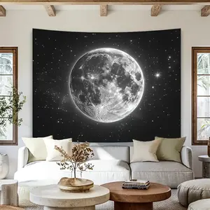1pc Polyester Moon Wall Tapestry - Glam & Elegant Style, Realistic Large White Moon on Black Starry Sky Backdrop, Artwork Print Tapestries, Versatile Decor for Living Room, Bedroom - No Electricity Needed, Featherless, Elegant Style Tapestries