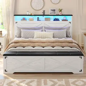 Hasuit Queen Size Bed Frame with Storage Ottoman, Farmhouse Bed Frame with Charging Station and Led Light, Headboard with Storage Rack, Metal Slats, No Noise Design, No Box Spring Needed
