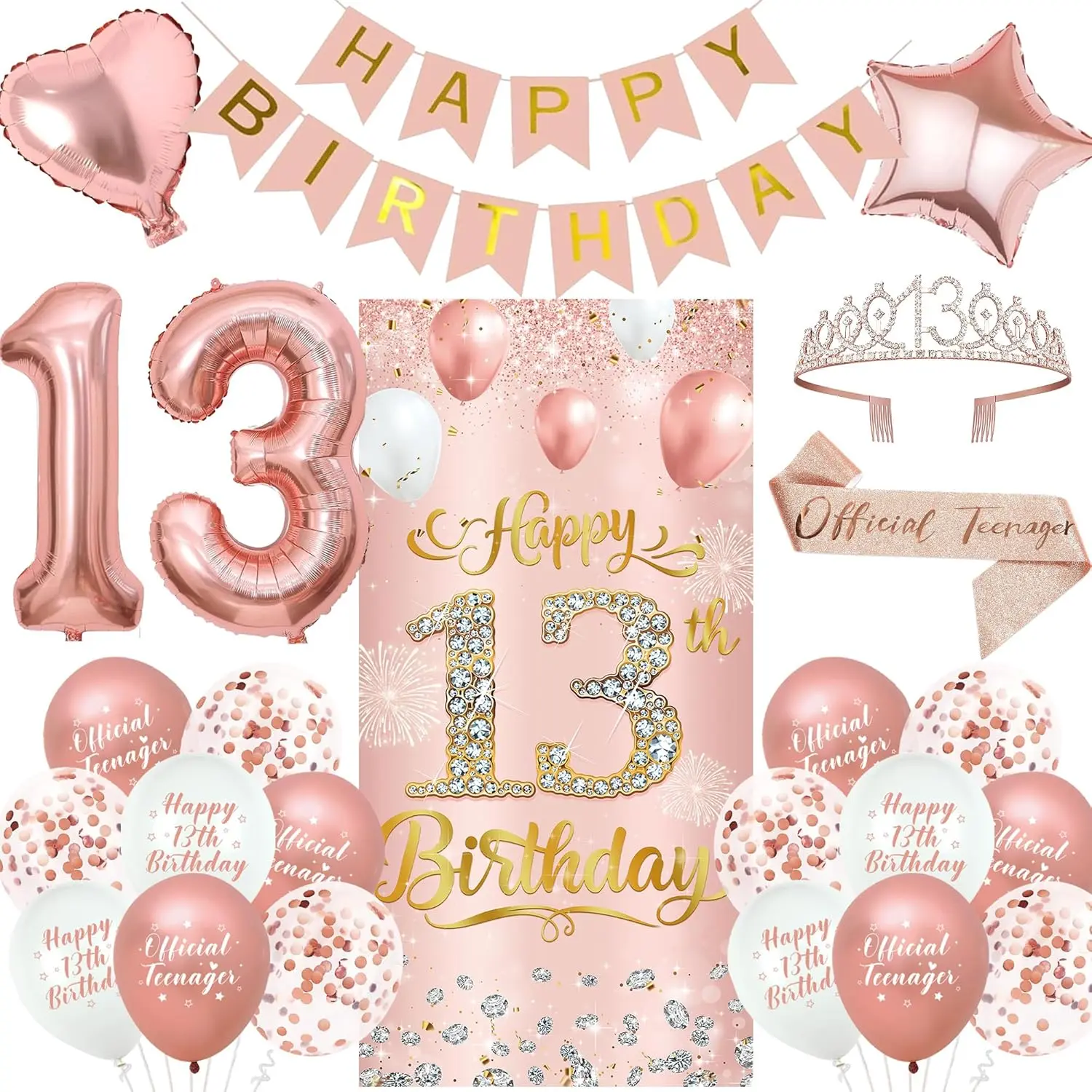 Girls' 13th Birthday Decorations Set - Star, Lightweight Rose Gold Happy 13th Banner, Teenager Sash, Crown, Pink Balloons, Outdoor Backdrop for Door Wall, Ideal Gifts banners