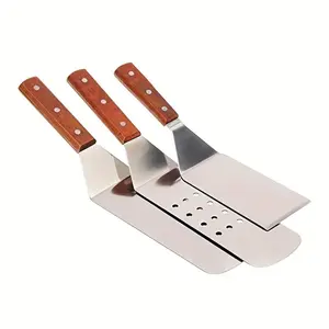 Stainless Steel Burger Spatula, 3 Counts/set Burger Flipper, Solid Cooking Spatula, Perforated Cooking Spatula & Baking Tray Spatula, Barbecue Utensils, Barbecue Accessories