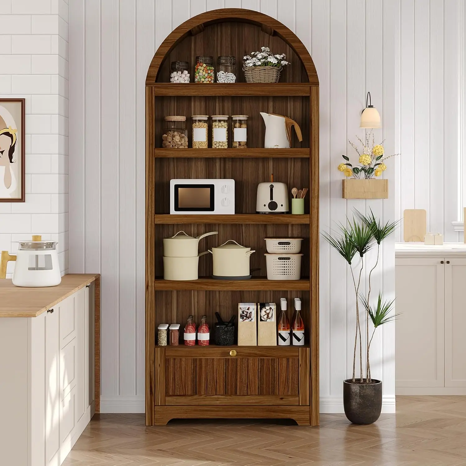 Gaomon 72-in Tall Wooden Arched Multi-Functional Storage Cabinet - 6-Tier Pantry Bookshelf with Open Display, Drawer, Adjustable Shelf, Metal Handle, Quick Setup for Kitchen, Living Room Furniture, Books, Home Library, 30 Inch W X 12 Inch D X 72 Inch H