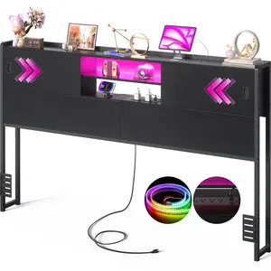 Sturdy Headboard with Power Outlet & LED light, Cabinet Storage Head board for Bedframe, Wood Headboards with Bookshelf, Headboards with Sliding Door & Storage Shelf