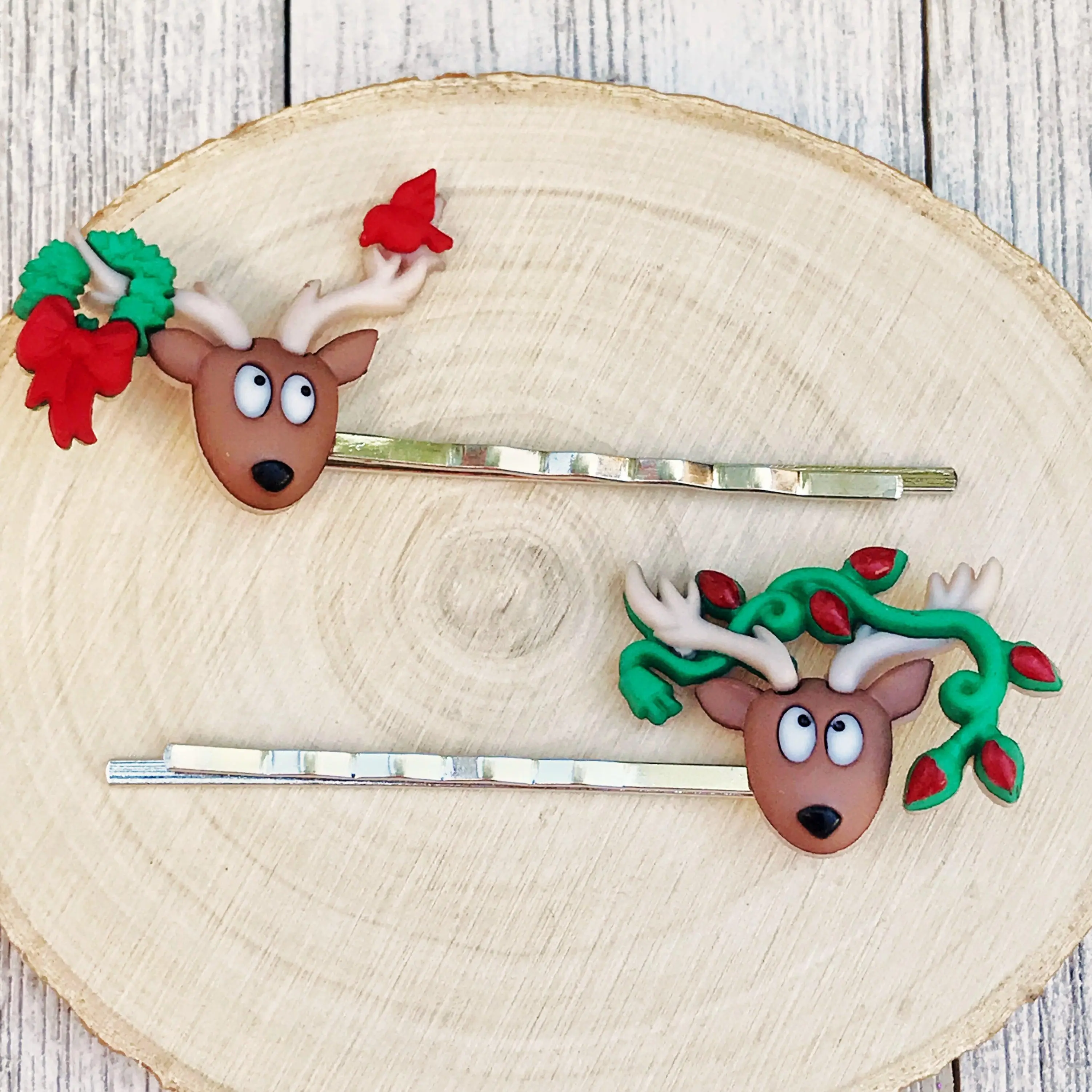 Reindeer with Wreath, Bird, & Light Strand Christmas Hair Pins
