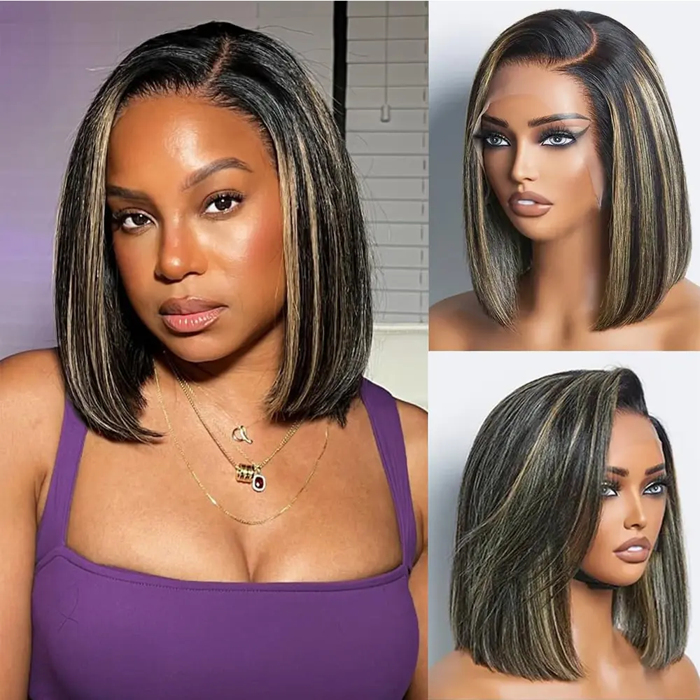 Highlight Ombre Bob Wig P1B/27 Highlight Honey Blonde Human Hair 13x4 Lace Front Wigs Human Hair Lace Frontal Wig 180% Density Bob Wigs Pre Plucked Hairline for Women