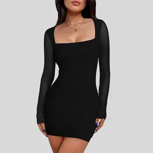 OQQfitness Womenswear Mini Bodycon Square Neck Mesh Sheer Long Sleeve Dress Short Soft Pleated Party Basic Casual Dress Elegant Minimalist Outfit