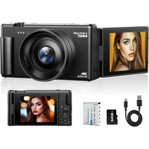 4K Digital Camera for Photography, 72MP Autofocus Vlogging Cameras for YouTube with 64GB SD Card and , 18X Digital Zoom 2.8" 270? Flip Screen Compact Travel Camera for Teens
