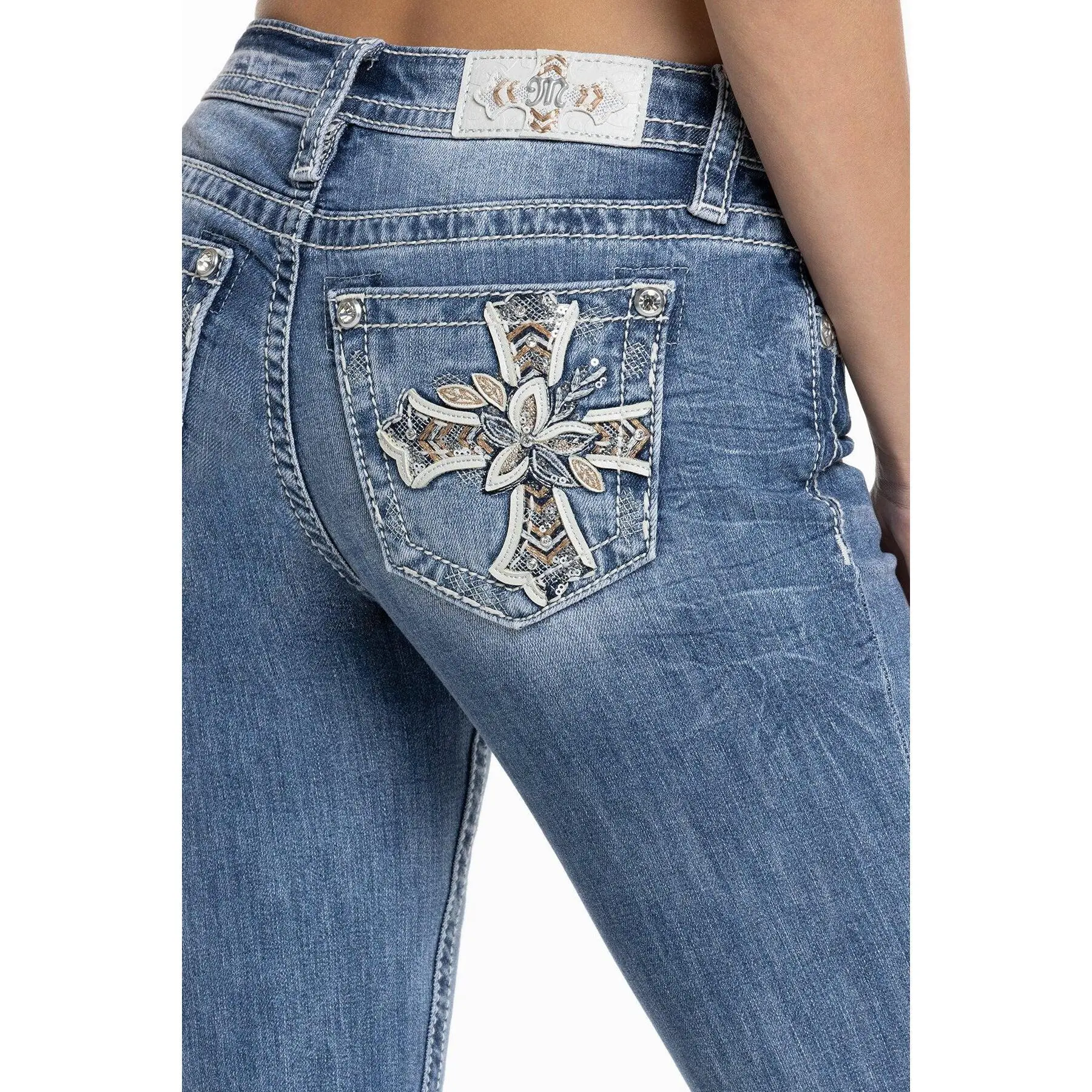 MissMe Elora Cross Bootcut Jeans - High-Waisted, Versatile Style, Comfortable Fit, Ideal for Everyday Wear