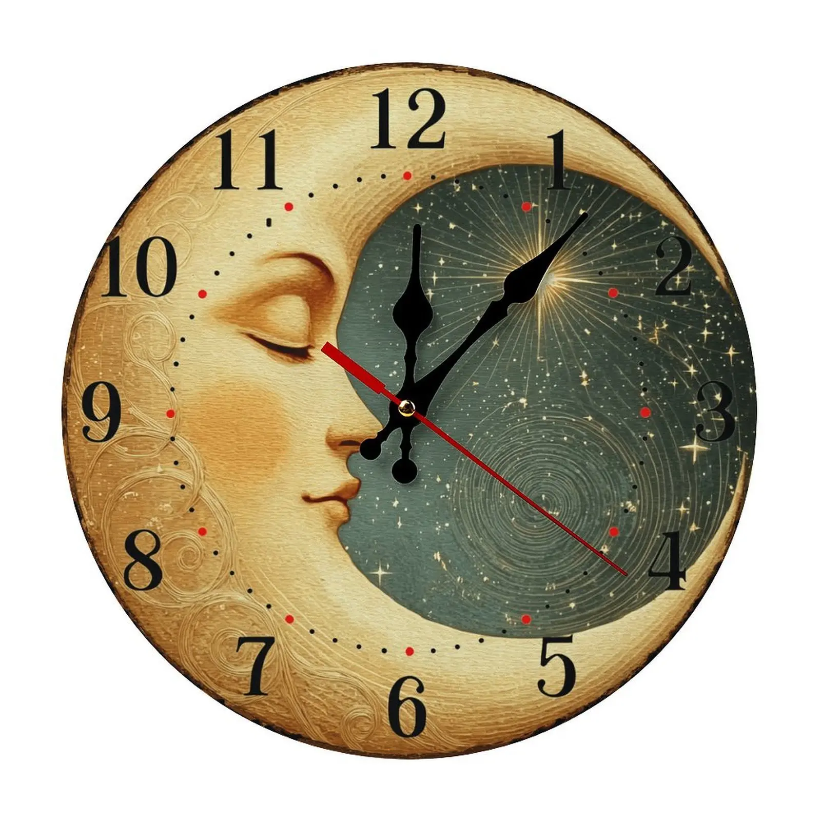 9.8-inch (25cm) Round Vintage Celestial Wall Clock - AA Battery Power, Non-Ticking Silent MDF Wood, Whimsical Sun Face, Whimsical Decor, Vintage Art, Boho Celestial Look, Moon & Stars Art, Easy DIY Install, Ideal for Bedroom Living Room Decor, Gift Option