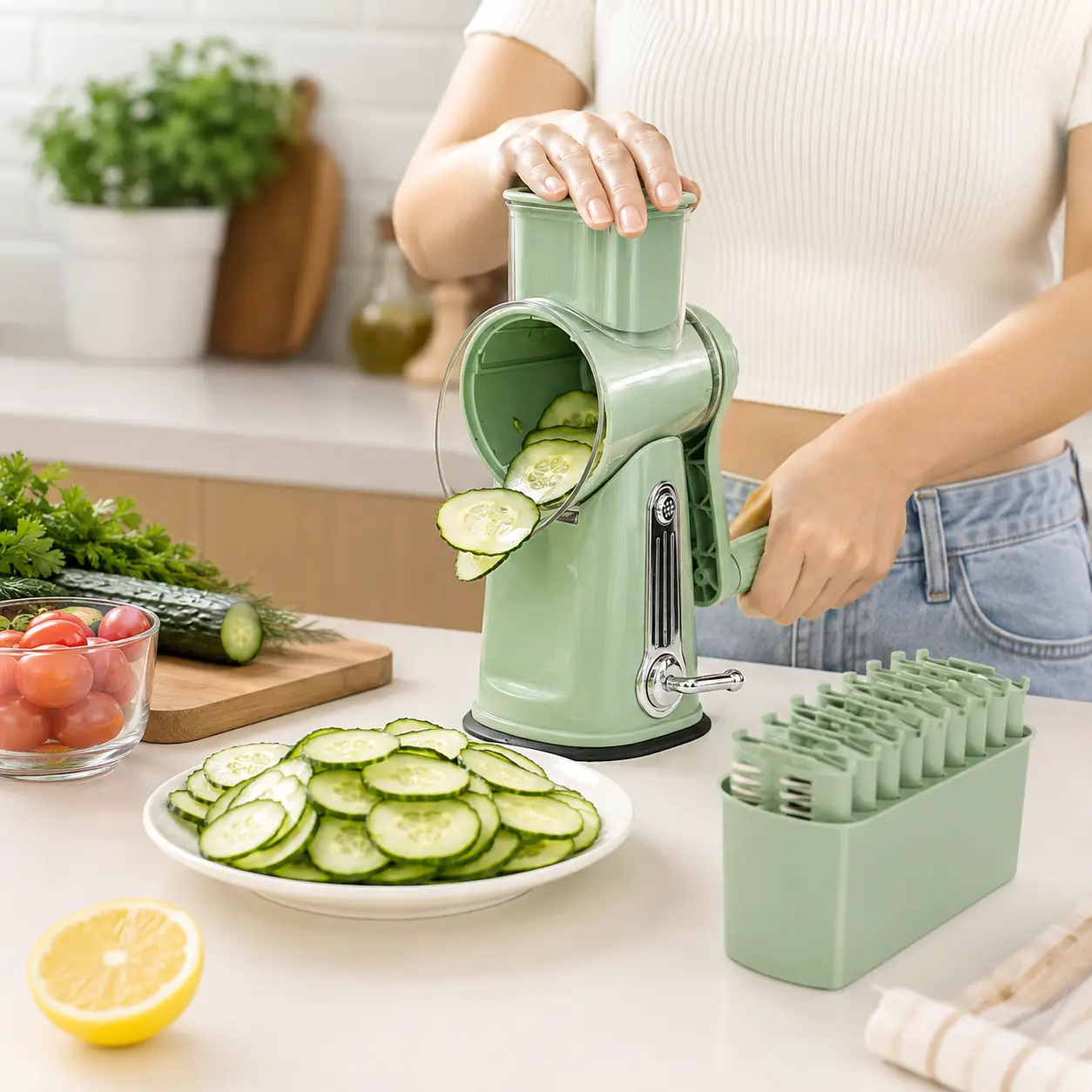 Viral 5-in-1 Rotary Cheese Grater and Vegetable Slicer. Effortless shredding with strong suction base. Must have kitchen gadget