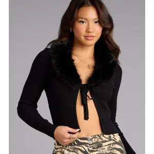 So Chic Removable Faux Fur Tie-Front Cardigan