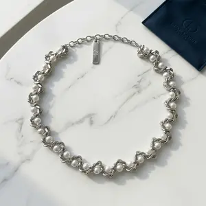 Women's Adjustable Silver Tone Snake Chain & Faux Pearl Woven Choker, Pearl Chain Necklaces, Silver Sparkling Clavicle Costume Jewelry, Silver Sparkling Necklaces