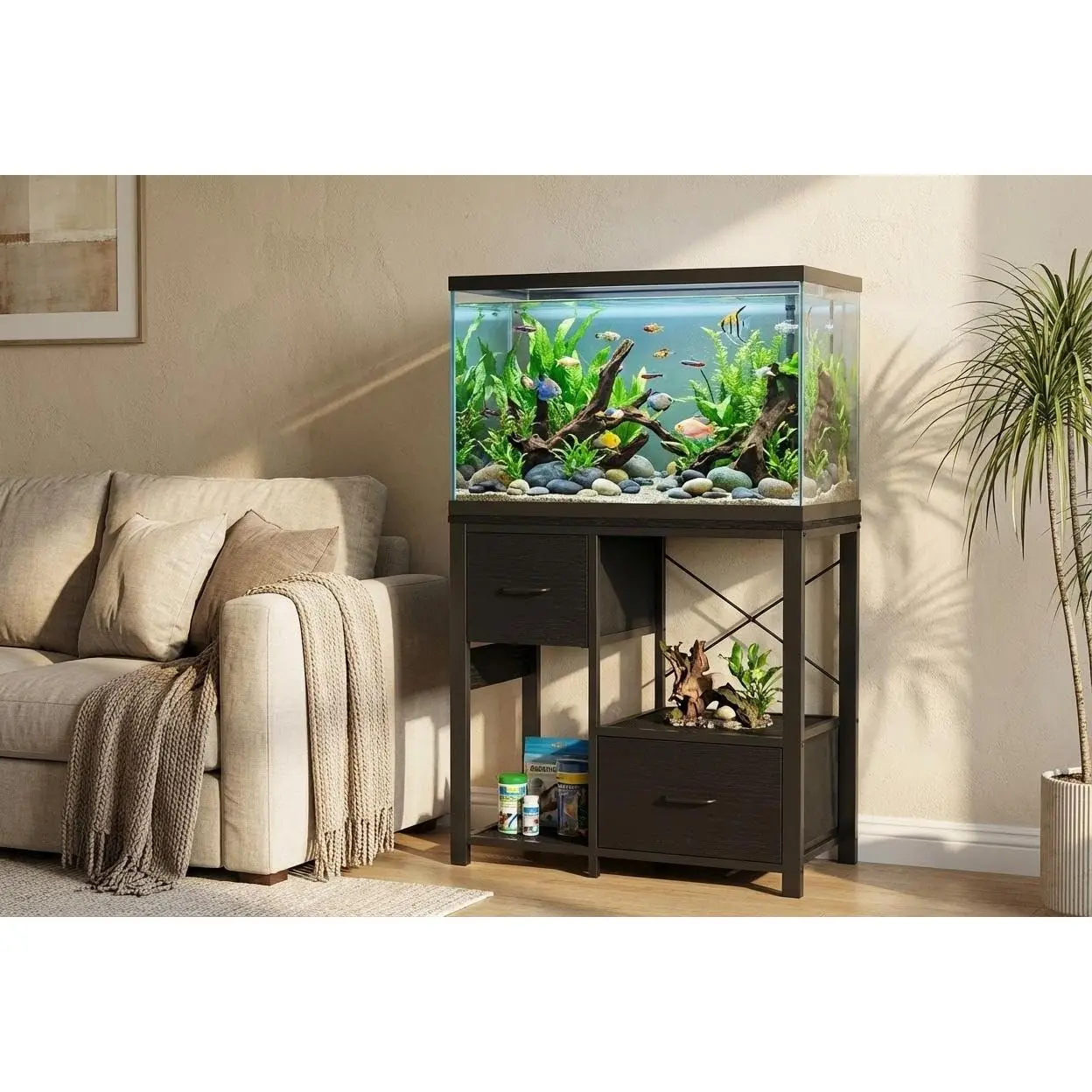 Garvee 20-29 Gallon Fish Tank Stand with Heavy-Duty Metal and Wood Construction, Integrated Power Outlets, 4-Tier Open Storage Shelves, and Sturdy Legs for Reliable Aquarium Support and Organization