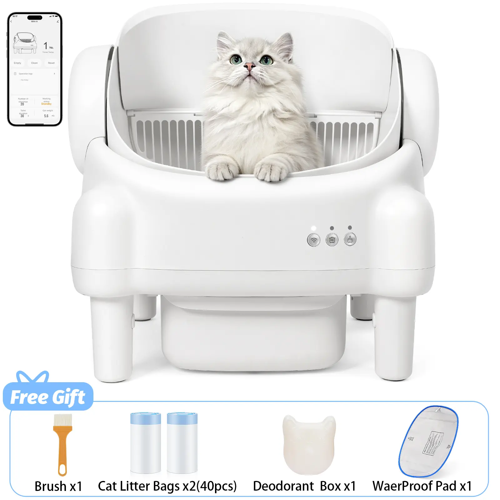 TAYACICY Self - Cleaning Litter Box Open-Top with App Control for Multiple Cats 16.5"x16.5" Entrance Dual Safety Tech 10.5L Sealed Waste Bin Cream White