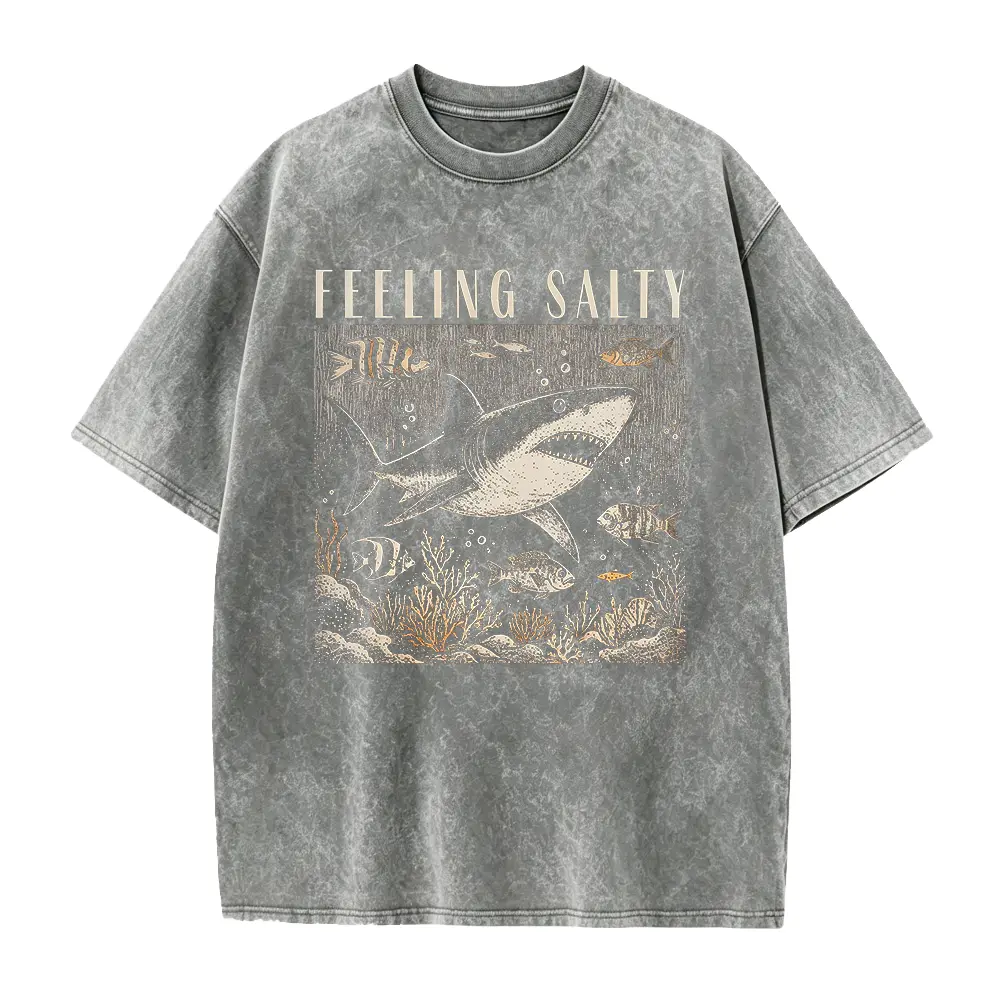 Feeling Salty Shirt, 100% Cotton Unisex Retro Summer Ocean Graphic Tee, Summer Coastal Sea Life Top, Beach Shark T-Shirt Casual Round Neck