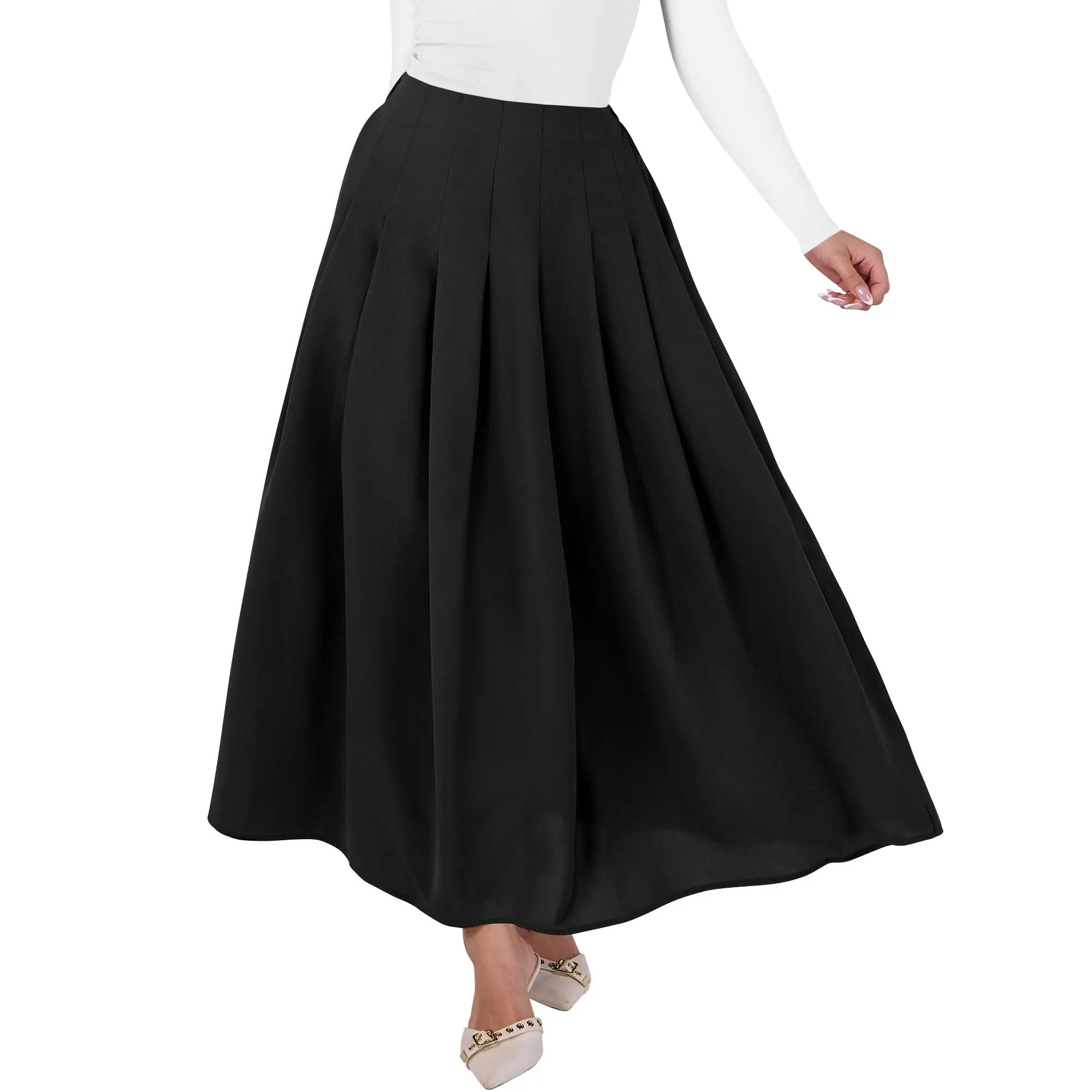 ANRABESS Women A-Line Pleated High Waist Maxi Skirt Full Ankle Length Flowy Swing Elegant Dressy Casual Work Long Skirts Basic Vacation Going Outfits Plain Color Skirt