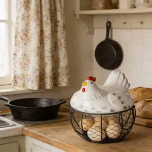 Cute Creative Ceramic Egg Basket Fruit Basket Storage Bin, Iron Craft Organizer for Kitchen & Home Decor, Unique Design