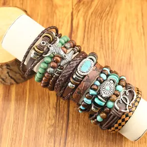 12Pcs Bohemian Vintage Cow Head Leather Combo Bracelet Set For Women & Men, Unisex Fashion Jewelry With Beads Charms, Perfect For Daily Wear Festivals & Holiday Gifts
