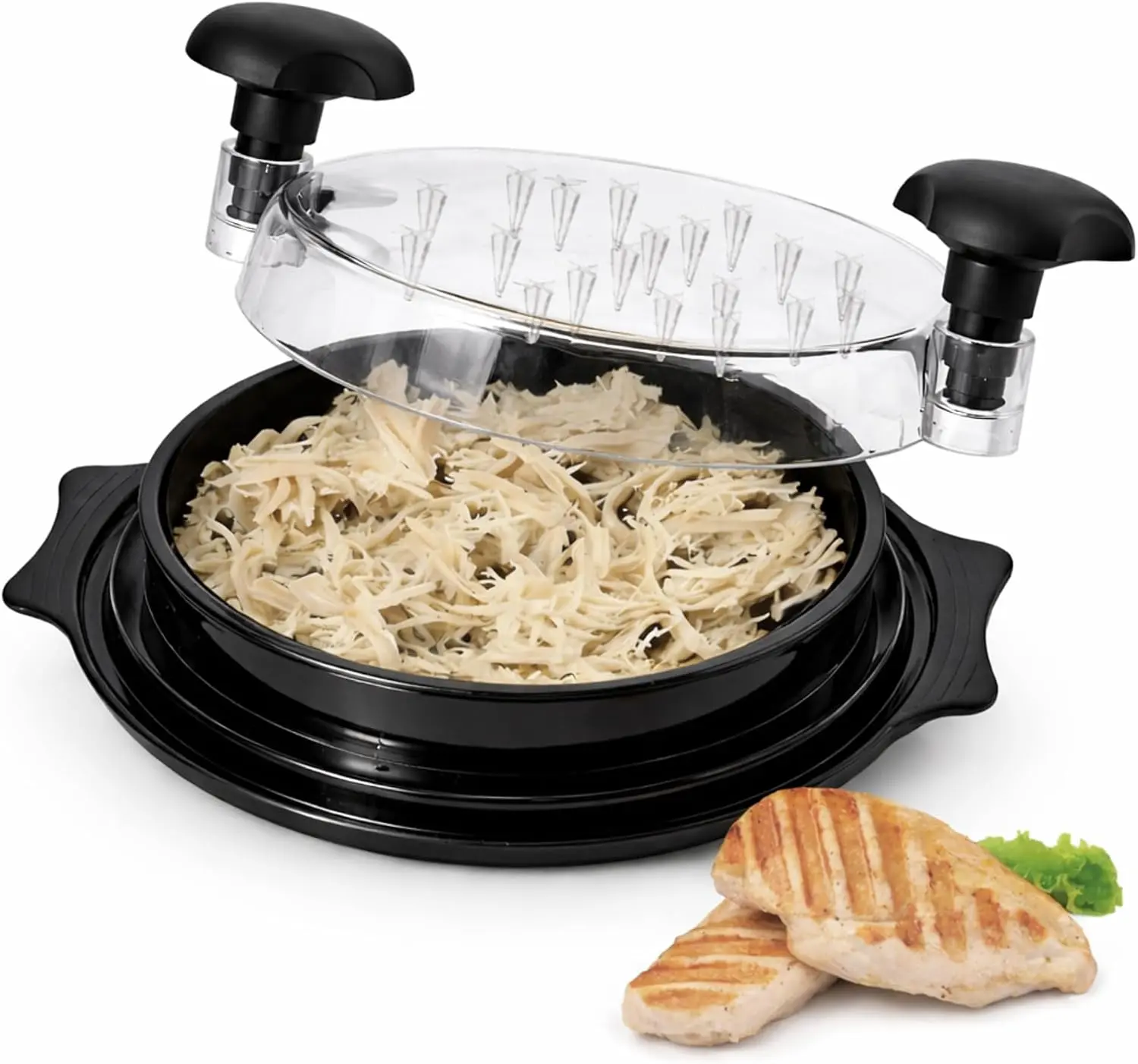 Manual Chicken Shredder Kitchen Utensil - 10 in Large, Compact, Food Grade, BPA-Free, Dishwasher-Safe Black Tool with Mid Food Tray, Non-Slip Base for Chicken Breast, Beef
